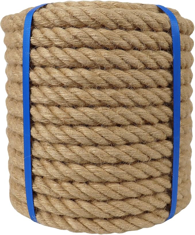 1-1/2 Inch Natural Jute Rope, 50 Feet Thick Hemp Rope, 4 Strands Twisted for Docks, Nautical, Raliings, Climbing, Decorating, Indoor/Outdoor Use