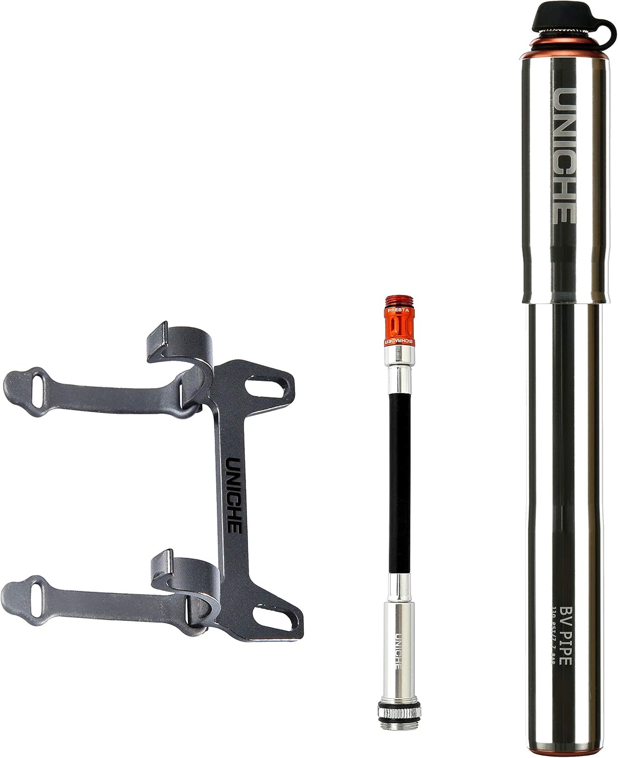 UNICHE Tech HV Bike Frame Pump with Gauge Fits Presta & Schrader - High Volume - Portable Mini Bicycle Pump for Mountain and BMX Bikes, Includes Mount Kit – Large