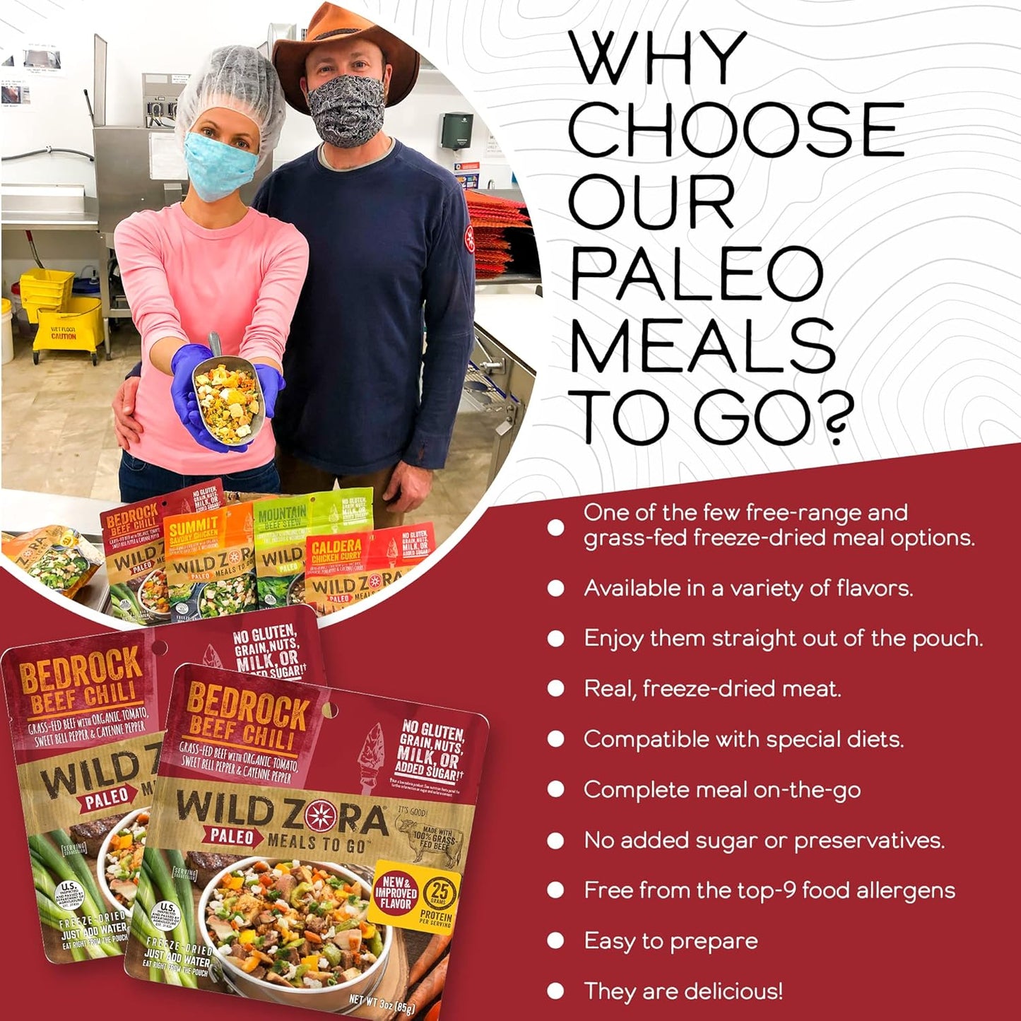 Wild Zora Paleo Freeze Dried Meals for Backpacking & Camping - Healthy Gluten Free & Grain Free Camping Meals/Backpacking Food + No Added Sugar - Great for Travel (AIP 4-pack)