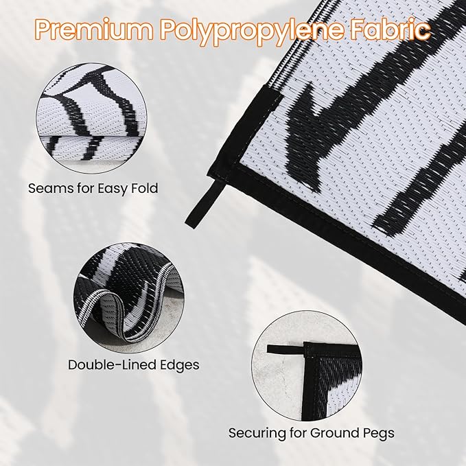 Outdoor Rug for Patio, 6x9 Ft Reversible Outdoor Plastic Straw Rug Waterproof Foldable Camping Mat with Uv Protection, Quick-Dry Straw Patio Carpet for Deck Rv Porch Backyard - Black & White
