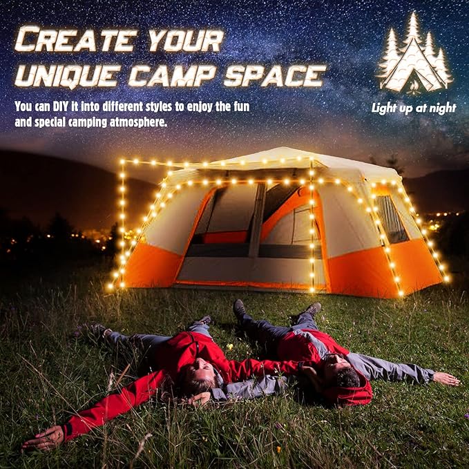 Camping Tent String Lights (40FT), 17 Colors 7 Flashing Modes LED Rope Lights Battery Operated with Remote Control, Waterproof Camping Tent Light Outdoor for Night Camping, RV (Tent Not Include)