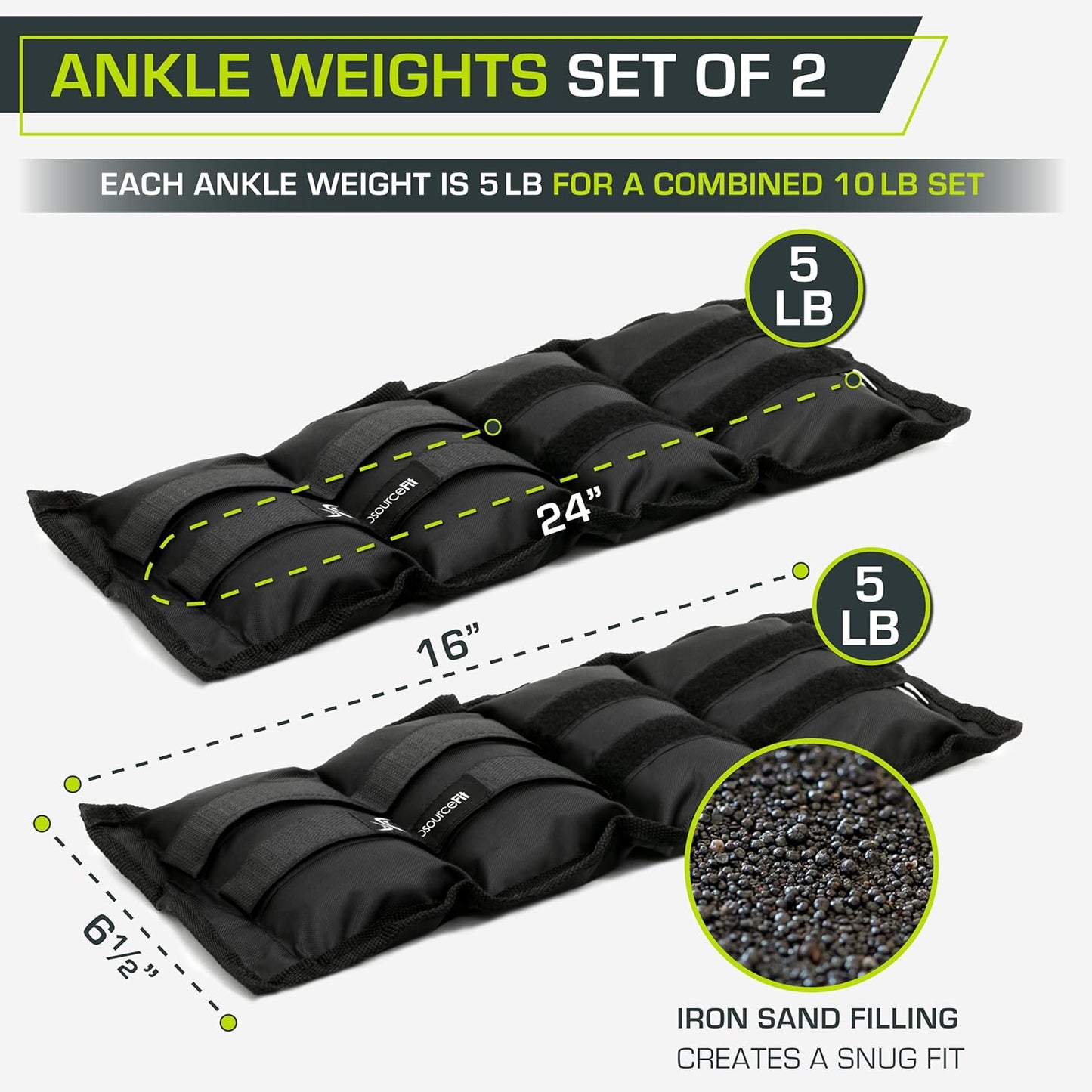 ProsourceFit Ankle/Wrist and Arm/Leg Weights Set of 2, Adjustable Strap 1 lb-5 lb, Adjustable Weight 15 lb, 10 lb, 7 lb for Men and Women