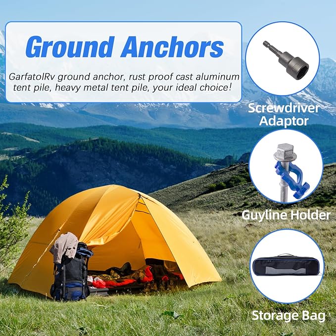 Homeon Wheels Camping Ground Anchors Aluminum Screw Heavy Duty Metal Non-Rust Cast Tent Anchors for Securing Animals, Tent, Canopies, Sheds, Swing Sets, Car Ports, Trampoline (12 Pack)