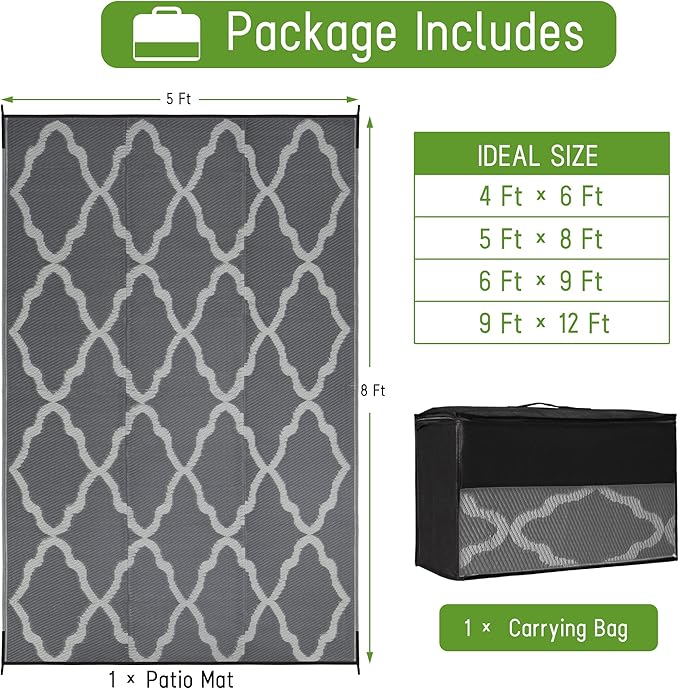 Easy-Going Reversible Outdoor Rugs 5x8ft Waterproof Plastic Straw Rug Stain & UV Resistant Floor Mat for Patio Porch RV Backyard Pool Deck Picnic Beach Trailer Camping (Moroccan Grey & Light Grey)