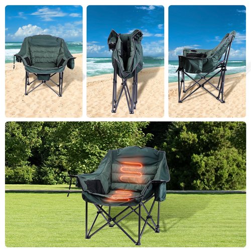 CDEN Heated Padded Chair, Heated Camping Chair, Heated Outdoor Chair, Oversized Camping Chair, with Cooler Bag, Side Bag, Heavy Duty, Power Bank (1 Pack)