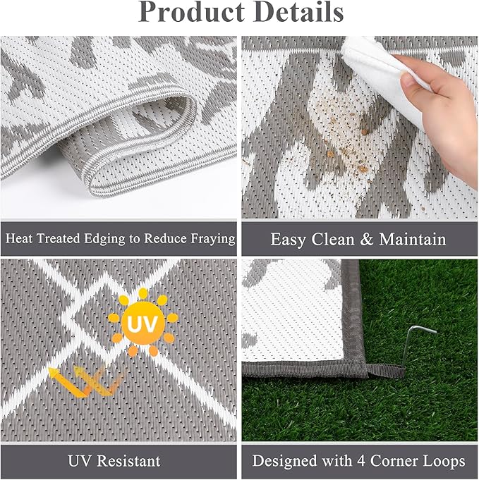 Vaukki Reversible Rugs, Plastic Straw Outdoor Doormat, Fade Resistant Plastic Outdoor Patio Mat, Lightweight Ocean Area Carpet for Patio, RV, Camping, Beach, Deck, Backyard and Picnic (Grey, 6'x9')