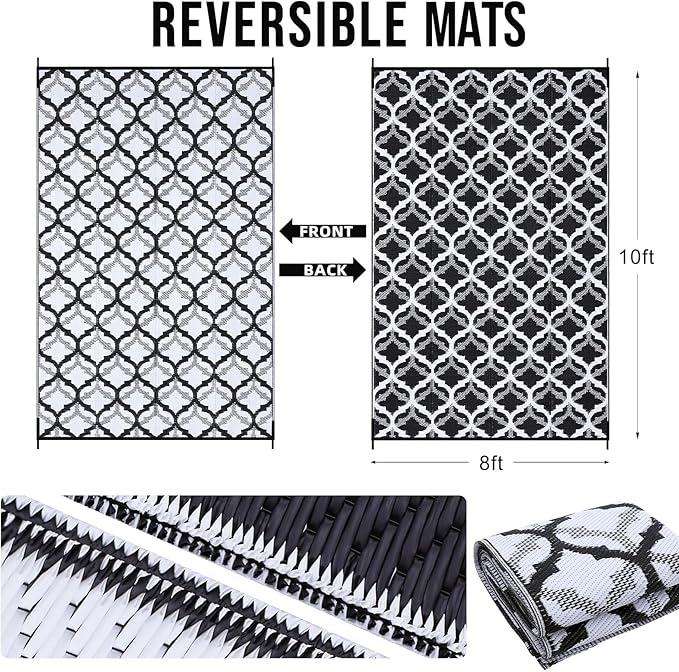 OLANLY Reversible Outdoor Rug 8x10 ft Clearance, Waterproof Outdoor Plastic Straw Rug with Interlacing Pattern, RV Mat for Patio, Camping, Balcony, Deck, Backyard, Black & White