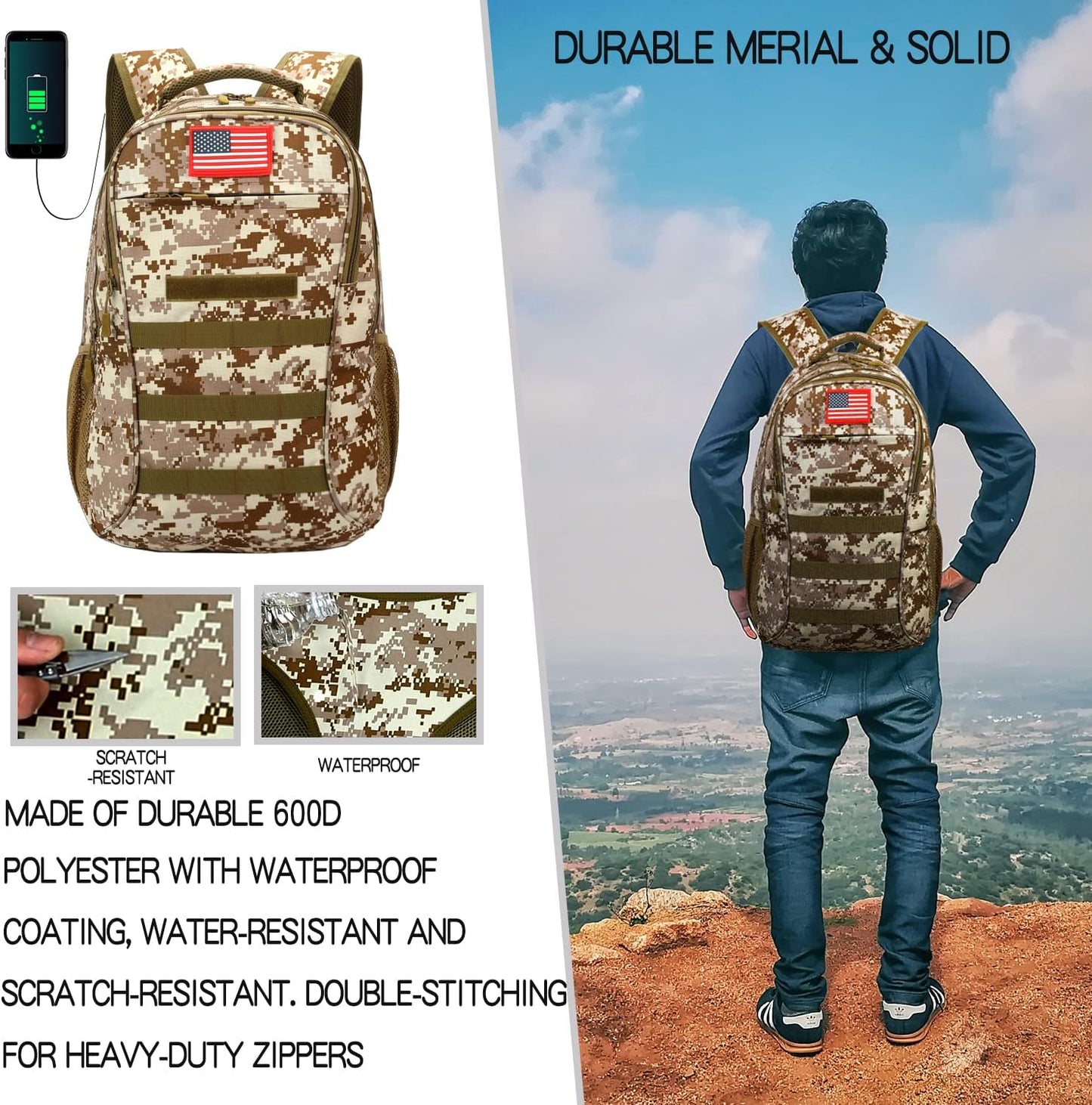 outdoor plus Camo Backpack,Military Boys Backpacks for School,40L Army Bookbag with USB Charging Port Waterproof