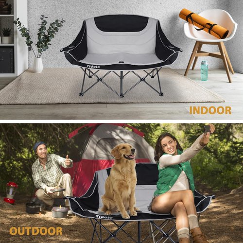 Double Camping Chairs, Oversized Loveseat Camping Chairs for Adults, Outdoor Folding Chairs Lawn Chairs Camping Couch with Cup Holder & Wine Glass Holder for Outside - Support 600Lbs (Grey)