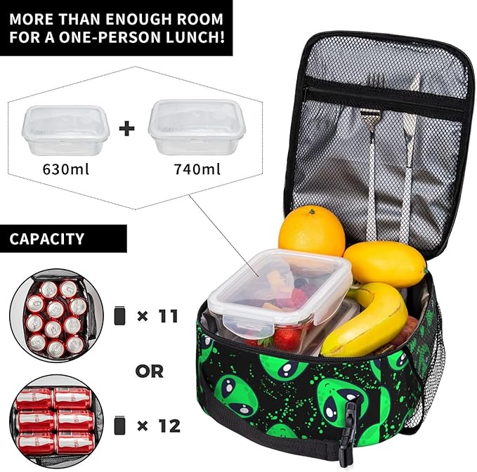 Green Alien Fun Insulated Lunch Bag Reusable Cooler Lunch Box Portable Leakproof Thermal Container Tote Bags for Girls Boys School Travel