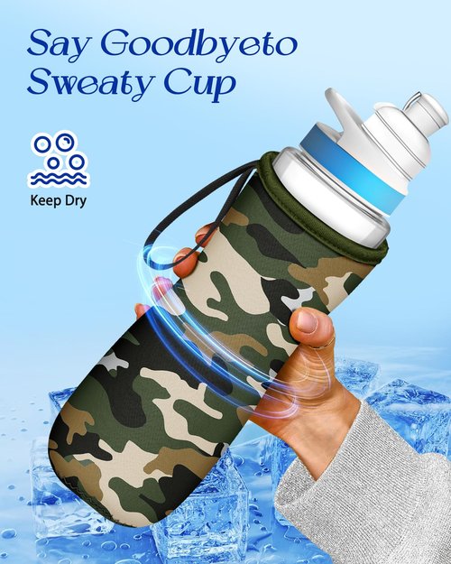Toykee Water Bottle Sleeve for Cirkul 22 oz - 2 Pack Bottle Cover Holder Carrier with Handle Strap Green Grey Camouflage Print for Men Boy