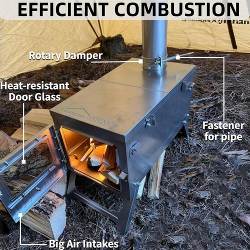 DANCHEL OUTDOOR S6 Portable Folding Hot Tent Camping Stove, 304 Stainless Steel Small Tent Wood Stove with 7.2ft Pipe for Winter Survival,Cooking, Backpacking