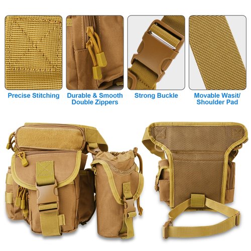 KOZEVARNY Leg Bag for Men Women Motorcycle Leg Bags Outdoor Waterproof Tactical Fanny Pack Travel Thigh Bag for Hiking Climbing Cycling Fishing Riding with Water Bottle Pouch (Khaki)
