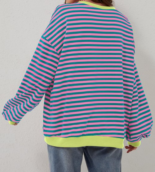 SIALANCI Womens Striped Sweatshirt Colorful Oversized Hoodies Long Sleeve Pullover Crew Neck Rayon Sweater 2024 Winter Pink-green