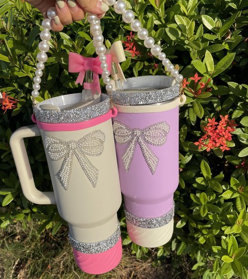 DJRF JJ Stanley Cup Accessories Set 40 oz 30 oz Stanley Cup Boot Silicone Strap Flash Star Decorative Sticker Charms Pearl Tidai Decoration (Bright pink7)