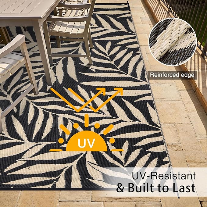 OLANLY Waterproof Outdoor Rug 8x10 ft, Reversible Outdoor Plastic Straw Rug with Leaf Pattern, RV Mat, Indoor Outdoor Carpet for Patio, Camping, Balcony, Deck, Backyard, Black & Beige