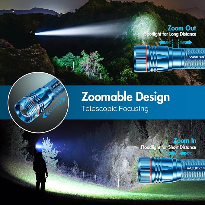 WdtPro Rechargeable Flashlights High Lumens, 1 Pack Super Bright LED Small Tactical EDC Flashlight with 10H Runtime, Portable Flash light for Camping, Home, Emergency Essentials Blue(Battery Included)