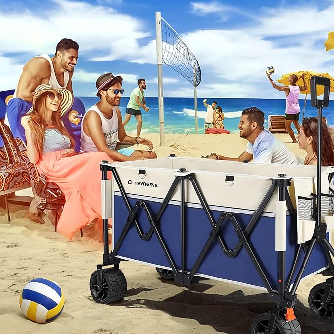 Beach Wagon Carts with Big Wheels for Sand, Raynesys 440 lbs Heavy Duty Foldable Wagon with 200L Capacity, All Terrain Utility Wagon, Beige+Blue