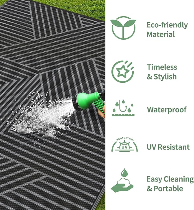 GENIMO Outdoor Rug 6'x9' for Patio Waterproof Clearance, Reversible Outdoor Plastic Straw Rug, Lightweight Carpet Camping Mat for Rv, Camper, Picnic, Balcony, Backyard, Deck, Porch, Black & Gray