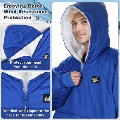 Catalonia Outdoor Windproof Wearable Stadium Blanket, Oversized Waterproof Wearable Blanket Poncho, Warm Insulated Hooded Coat for Football Games, School Sporting Events, Camping, Travel, Blue
