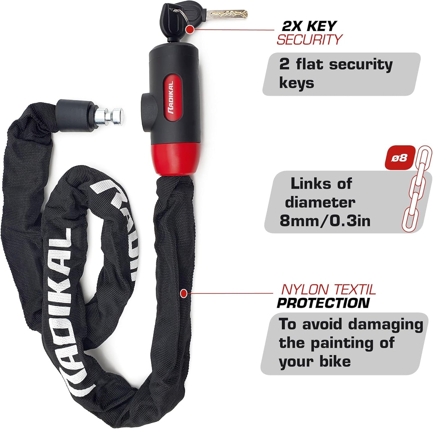 RADIKAL RKX170 Premium Bike Chain Lock, Hardened Steel ø8mm/0.31in Links with High Security Key Lock, More Extensive, Scratch-Resistant, Anti Theft for Bicycle, Scooter, Ebike, Gates, 170cm/5.5ft Long