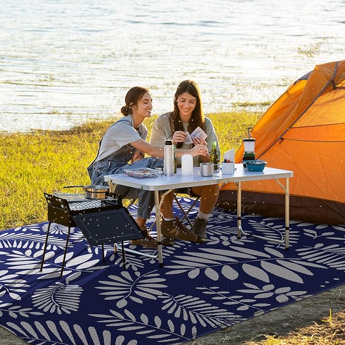 StepRite Outdoor Rug, Patio Rug, Plastic Straw Camping Rugs, Large Waterproof Area Rug and Mat for Outdoors, RV, Patio, Backyard, Deck, Porch, Beach, Balcony, (8'x 10', White & Blue)