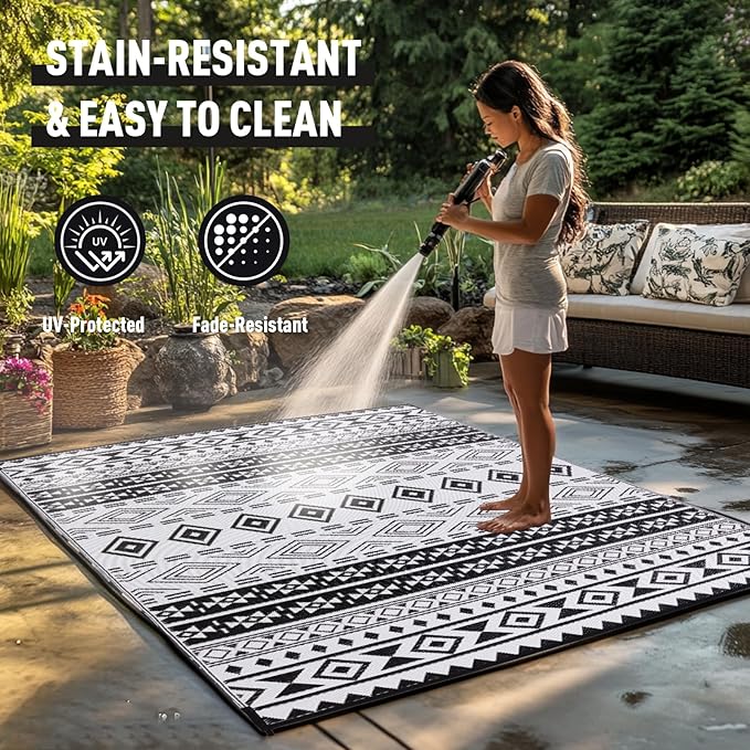 WILDROOTS 8'x10' Outdoor Plastic Rug for Patio Clearance, Waterproof Mat, Reversible Plastic Camping Rugs, RV, Porch, Deck, Camper, Balcony, Backyard