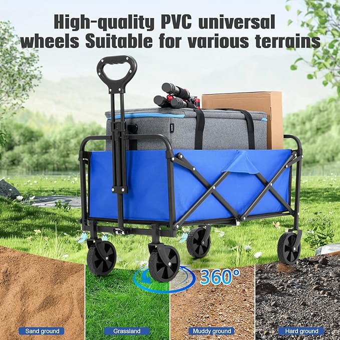 Collapsible Foldable Wagon,Wagons Carts Foldable with Wheels,Utility Grocery Folding Beach Wagon for Sand Garden Sports Shopping Outdoor(Lake Blue).