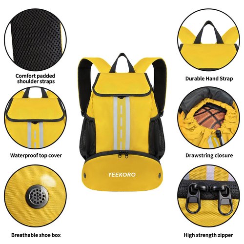YEEKORO Soccer Backpack Multifunctional Sport Gym Bags Lightweight Soccer Bag with Shoe Compartment for Football Basketball Volleyball（Basic Model，Yellow）