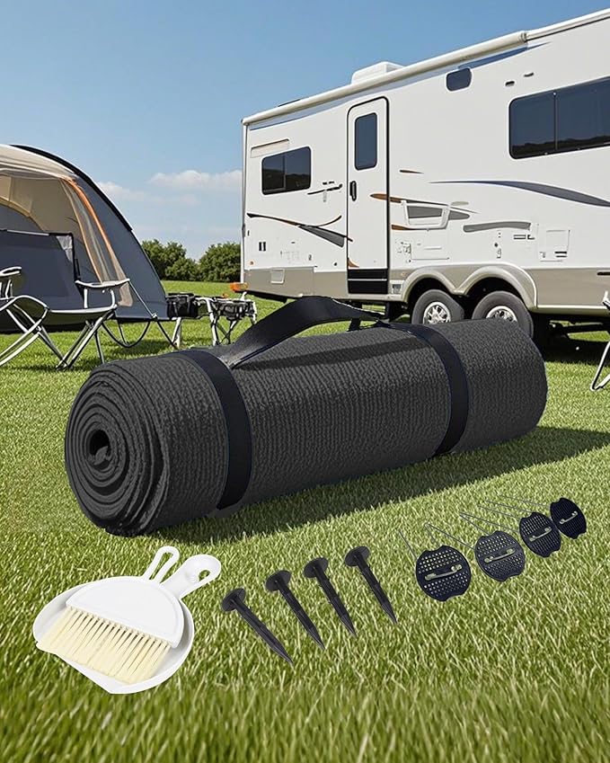 FoundGo Awning Carpet HDPE Camping Outdoor Rug with Eyelets,Nails,Broom,for RV,Patio,Backyard,Picnic,Beach,Trailer 9'*6' (2.74 * 1.83m) -Black