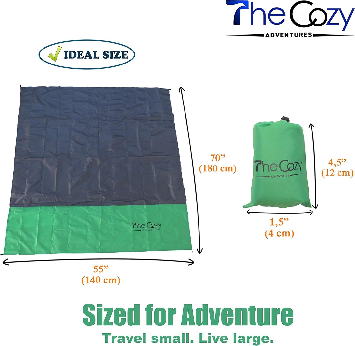 TheCozy Adventures Beach Blanket Waterproof Sandproof, 70x55 in. Pocket Blanket with Stakes – Compact Travel Beach Mat for Camping, Concerts & More – Durable,Soft & Fast-Drying, Green