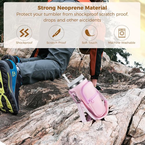 LORDTEC Water Bottle Carrier Bag with Phone Pocket & Straw Cover for Stanley 40 oz Tumbler, Water Bottle Holder with W/ 2 Adjustable Strap for Stanley Cup Accessories(Pink, Letter Charm B)