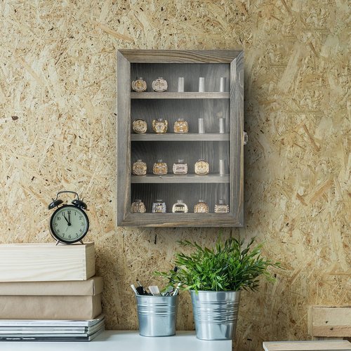MyGift 20 Ring Display Case, Wall Mounted Vintage Gray Solid Wood Shadow Box Holder for Sports Championship Rings with Metal Clasp and Acrylic Window Panel
