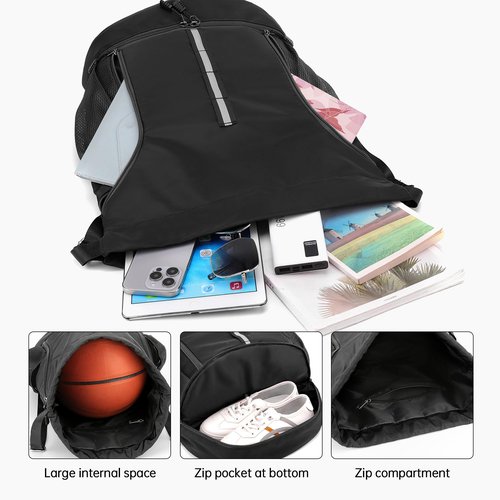 XMYAOWEI Sport Gym Bag Drawstring Backpack Beach Bag for Men Women with Shoe Compartment and Reflective Strips (Black)