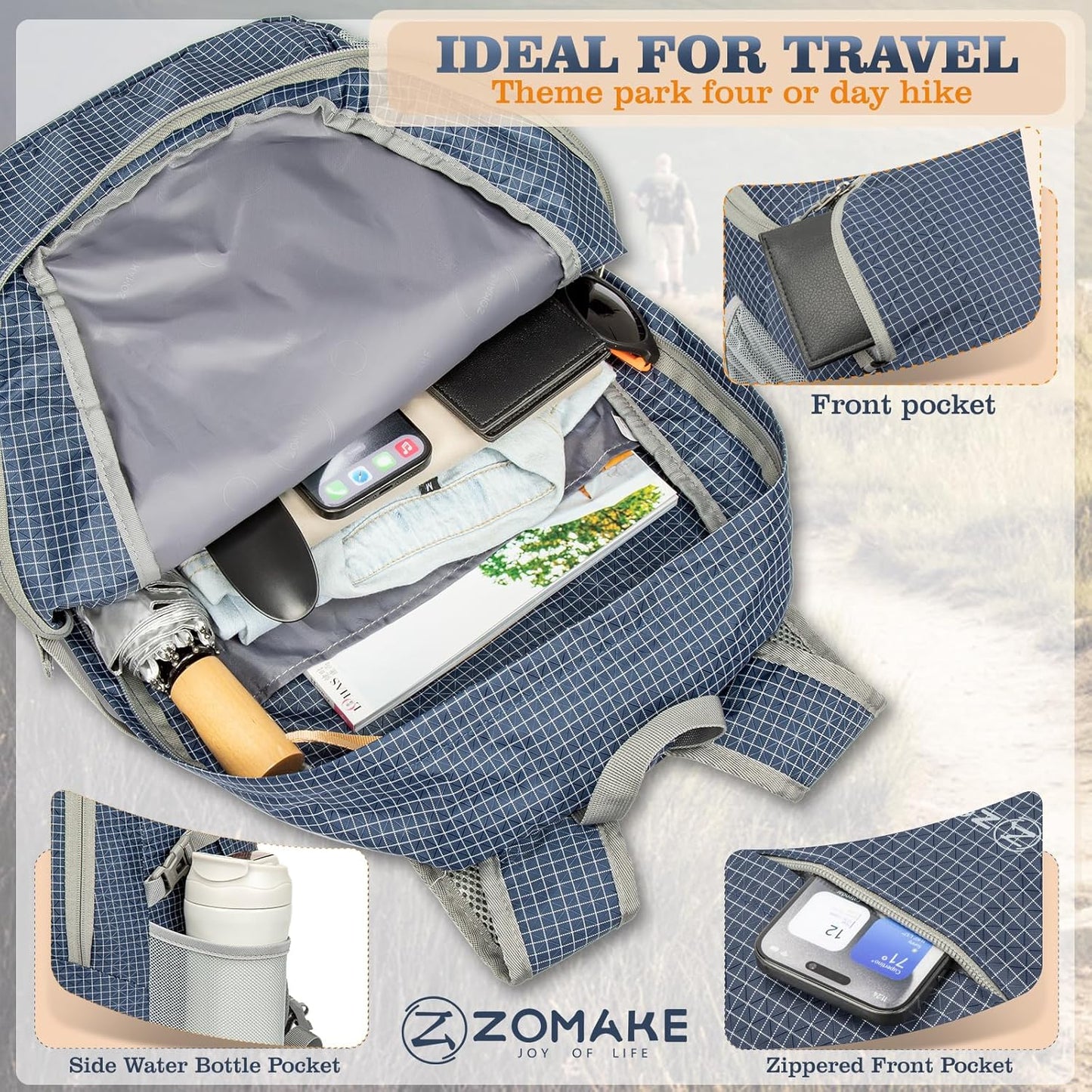 ZOMAKE Lightweight Packable Backpack 30L, Foldable Hiking Backpacks Water Resistant Compact Folding Daypack for Travel(Black)