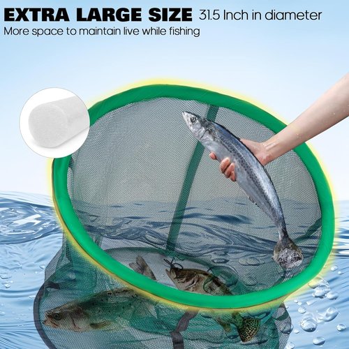 QualyQualy Extra Large Floating Fish Basket for Live Well, Fully Foldable Fishing Net Holder Collapsible Mesh Fishing Holder Cage for Caught Fish Bucket