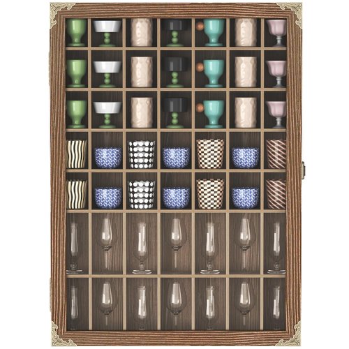 usego Shot Glass Display Case with Door 49 Slots Rustic Shot Glasses Storage Case Wall Mounted Shot Glass Shelf Holder Wooden Display Box with Hinged Acrylic Door,Brown