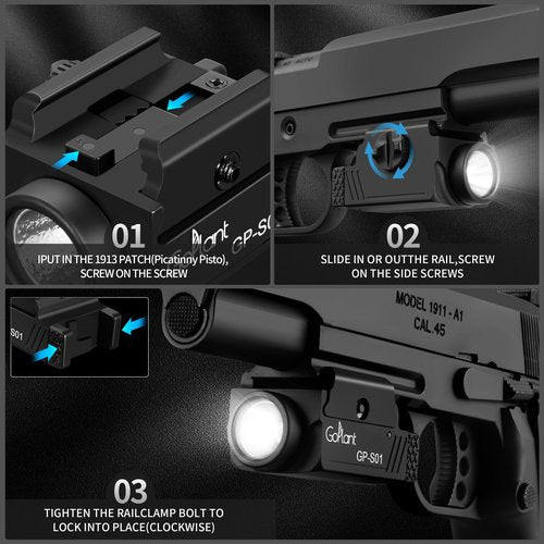 GOPLANT 1350 Lumens Compact Weapon Light Flashlight, Only LED Light Without Laser Aircraft Grade Aluminum Subcompact Pistol Light, Adjustable Rail-Mounted Handgun Light, Type-C Rechargeable (GP-S01)