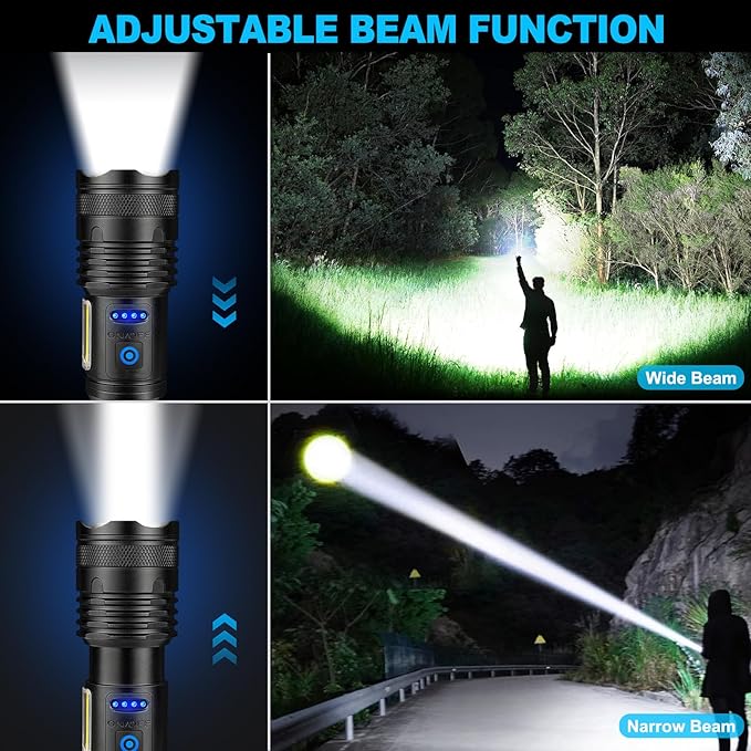 Alicegirl Rechargeable Flashlights High Lumens, 99000LM Super Bright Flashlight, Adjustable Powerful Flash Light with 8 Modes & COB Light, Waterproof Handheld Flashlight for Home Camping