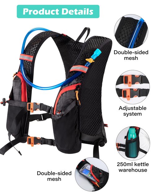 Running Vest Hydration Backpack with 2L Water Bladder, Ideal for Men and Women in Cycling, Hiking, and Outdoor Activities Lightweight Breathable Mesh, Adjustable Straps, Night Reflective Tech Black