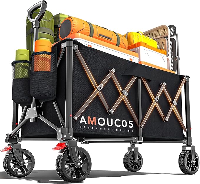 AMADA HOMEFURNISHING Wagons Carts Foldable, Collapsible Wagon with 360° Rotating Wheels and Side Pocket, Large Capacity 350LBS Foldable Wagon Cart for Shopping, Garden, Camping,Sports and Outdoor Use