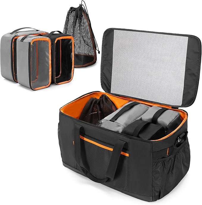 Camping Gear Organizer, 3 Pcs Camping Packing Cubes and 1 Pcs Mesh Pocket with Carrying Bag for Kitchen Supplies, 5-in-one Tactical Travel Storage with Transparent Window for Car Trunk Patented Design