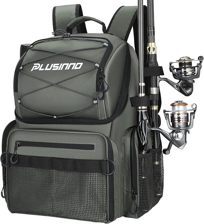 PLUSINNO Cooler Fishing Backpack with Rod Holders 45L Large Water-resistant Fishing Tackle bag Store Fishing Gear Fishing Gifts for Men Father