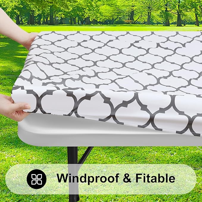 Smiry Rectangle Picnic Table Cover, Waterproof Elastic Fitted Camping Tablecloths for 6 Foot Tables, Wipeable Flannel Backed Vinyl Tablecloth Protector for Indoor, Outdoor (White, 36x72 Inches)