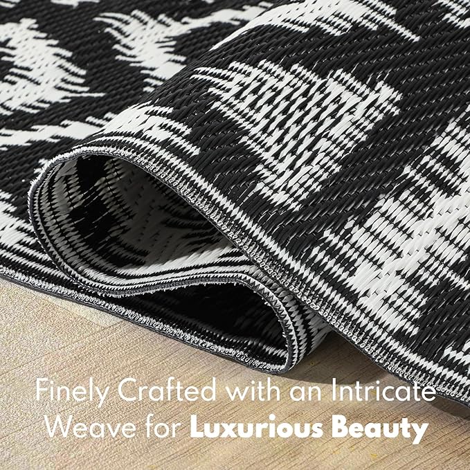 Waterproof Outdoor Rug 8x10 ft, Reversible Plastic Straw Rug, Easy to Clean Patio Rug, Portable Carpet for Patio, RV, Deck, Balcony, Backyard, Picnic, Beach, Geometric Diamond, Gray