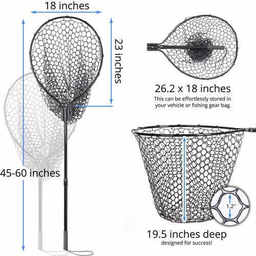 High Strength Large Landing Net - Fishing Net with Telescoping Handle and Soft Rubber Netting, Kayak/Fly Fishing Net - Length: 60″, Depth: 19.5″, Hoop: 23″ x 18″, Suitable for 1 & 2 Handed Use