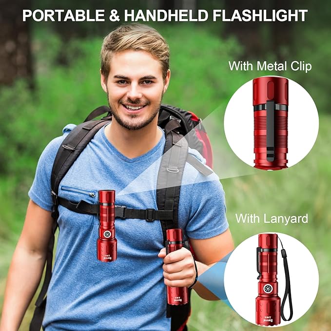 Flashlights High Lumens Rechargeable, 20000 Lumens Super Bright 1500 Meters Long Range Small Powerful Flashlight, 6 Modes LED Tactical Pocket Waterproof Flash Light for Home Emergency (1, Red)