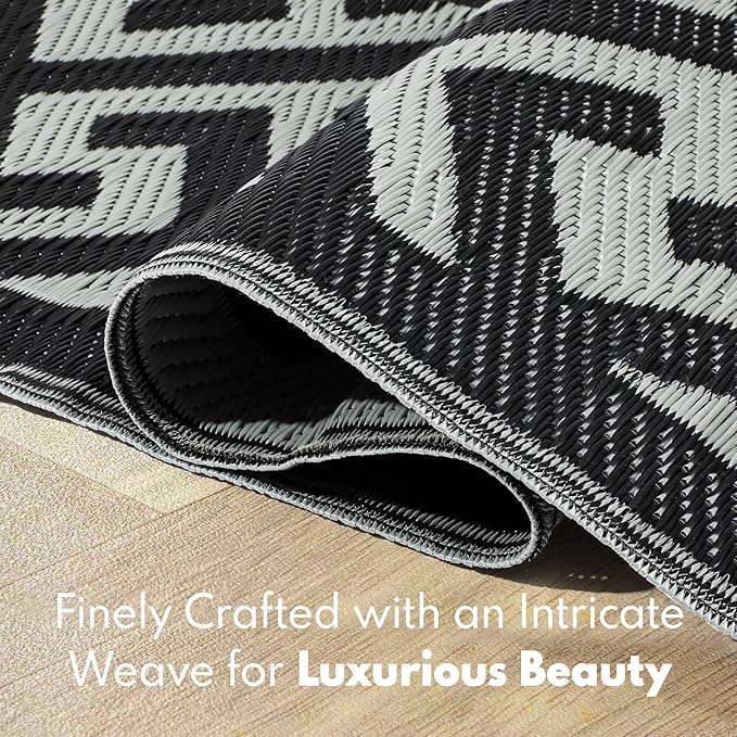 Waterproof Outdoor Rug 5x8 ft, Reversible Plastic Straw Rug, Easy to Clean Patio Rug, Portable Carpet for Patio, RV, Deck, Balcony, Backyard, Picnic, Beach, I-Shaped, Black