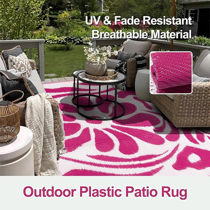 Wonnitar Outdoor Rug 6x9, Waterproof RV Outdoor Rugs for Camping, Reversible Plastic Straw Outside Camping Rug Large Portable Abstract Floral Picnic Mat for Camper Garden Beach Camp (Pink, 6'x9')