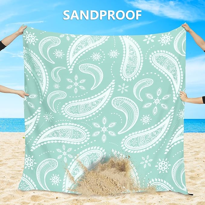 Beach Blanket Sandproof Extra Large Beach Mat Adults Waterproof Quick Drying Sand Free Mat Made by Premium Polyester with 4 Stakes & 4 Corner Pockets for Outdoor Travel Camping Hiking